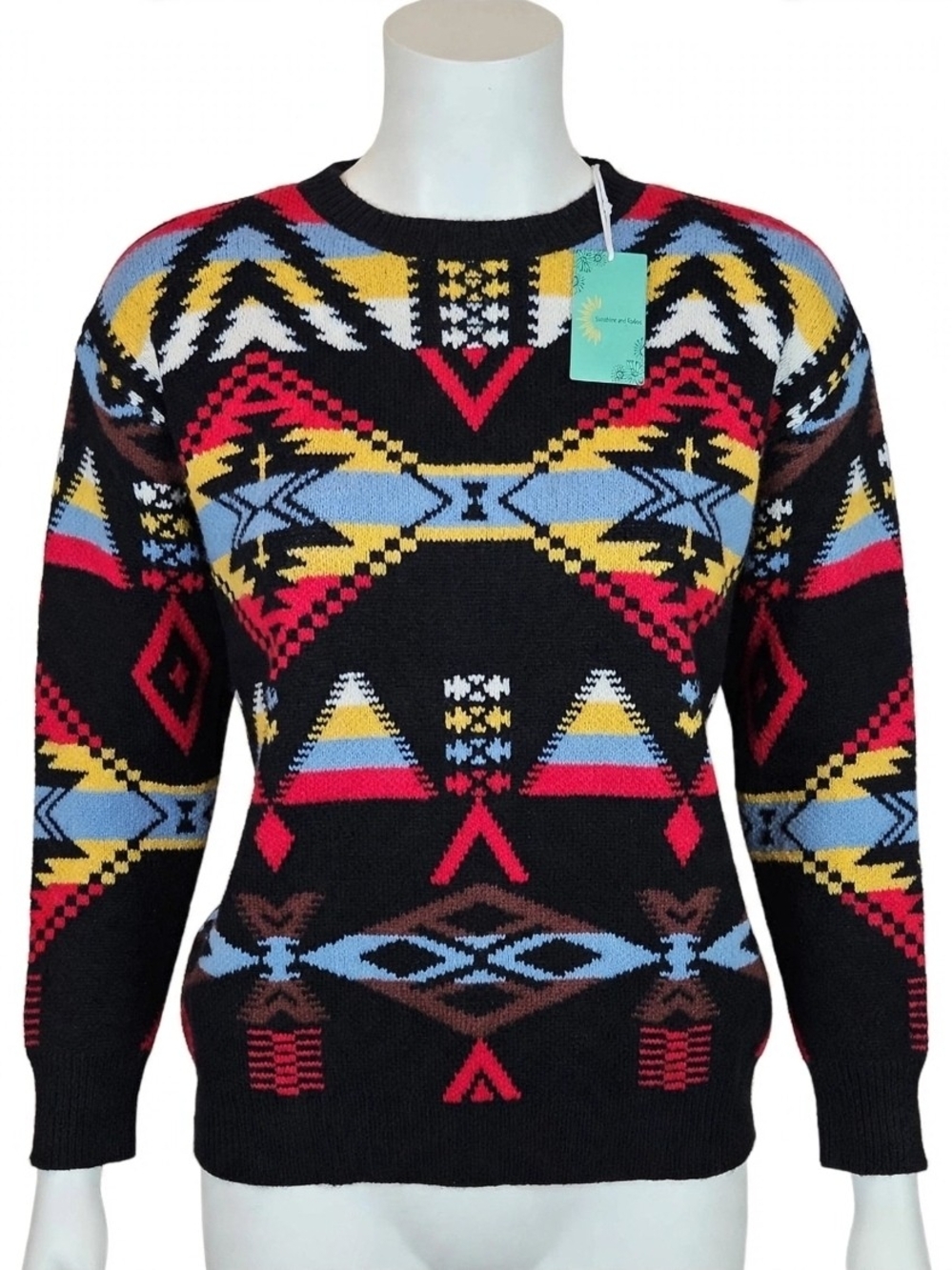 NWT M/L Sunshine and Rodeos Aztec Western Sweater - Black Blue Yellow Geometric